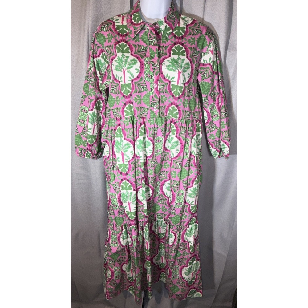Anthro Maeve Bettina Maxi Shirt Dress XS Pink Green Palm Tiered Pockets Boho